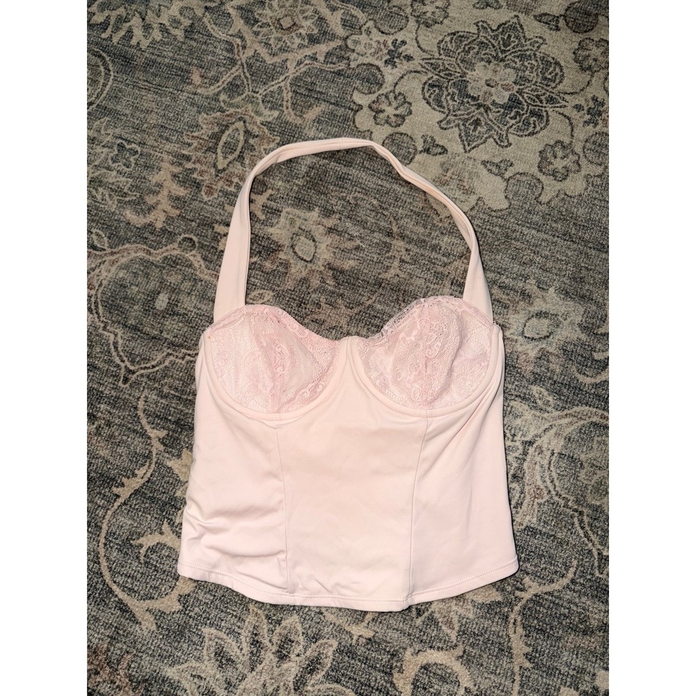 Pink Corset Top with Lace Detail Halter Tank Garage